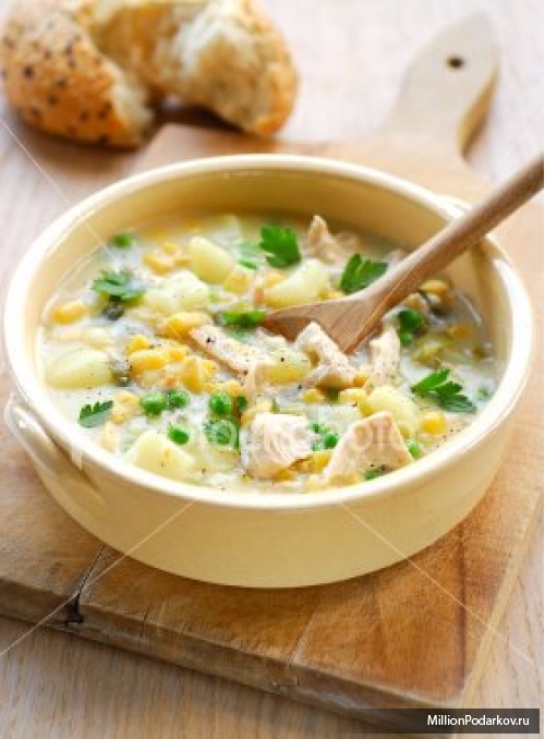 Рецепт горячего блюда – Суп из цыпленка и кукурузы