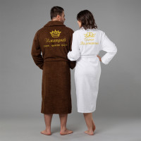 Комплект халатов с именной вышивкой Царь и Царица (коричневый и белый) - фото