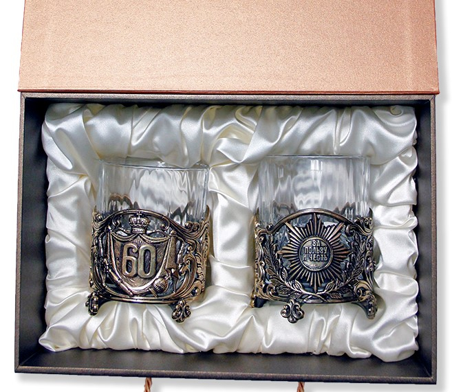 Набор из 2-х бокалов для виски "Юбилейный.60 лет" (хрусталь, бронза) 280 мл - фото