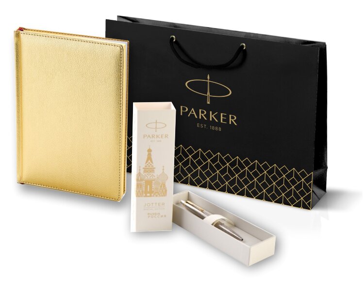Подарочный набор Parker 212312_8116175: Шариковая ручка Jotter Russia Steel GT и Ежедневник недатированный золотистый золотой срез - фото