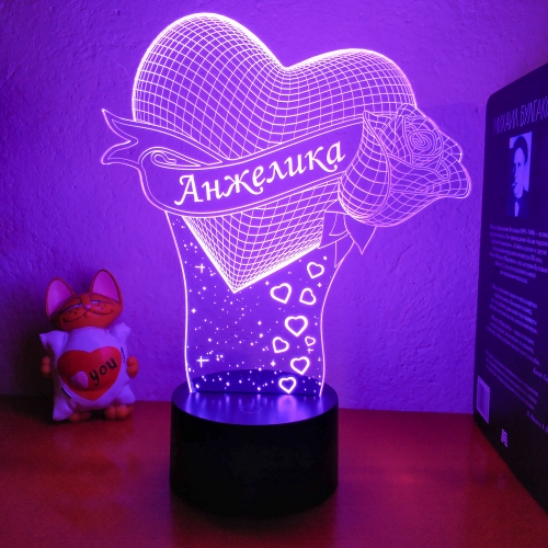 Именной 3D светильник «Сердце и роза» - фото
