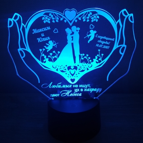 Именной 3D светильник «Свадебная пара» - фото