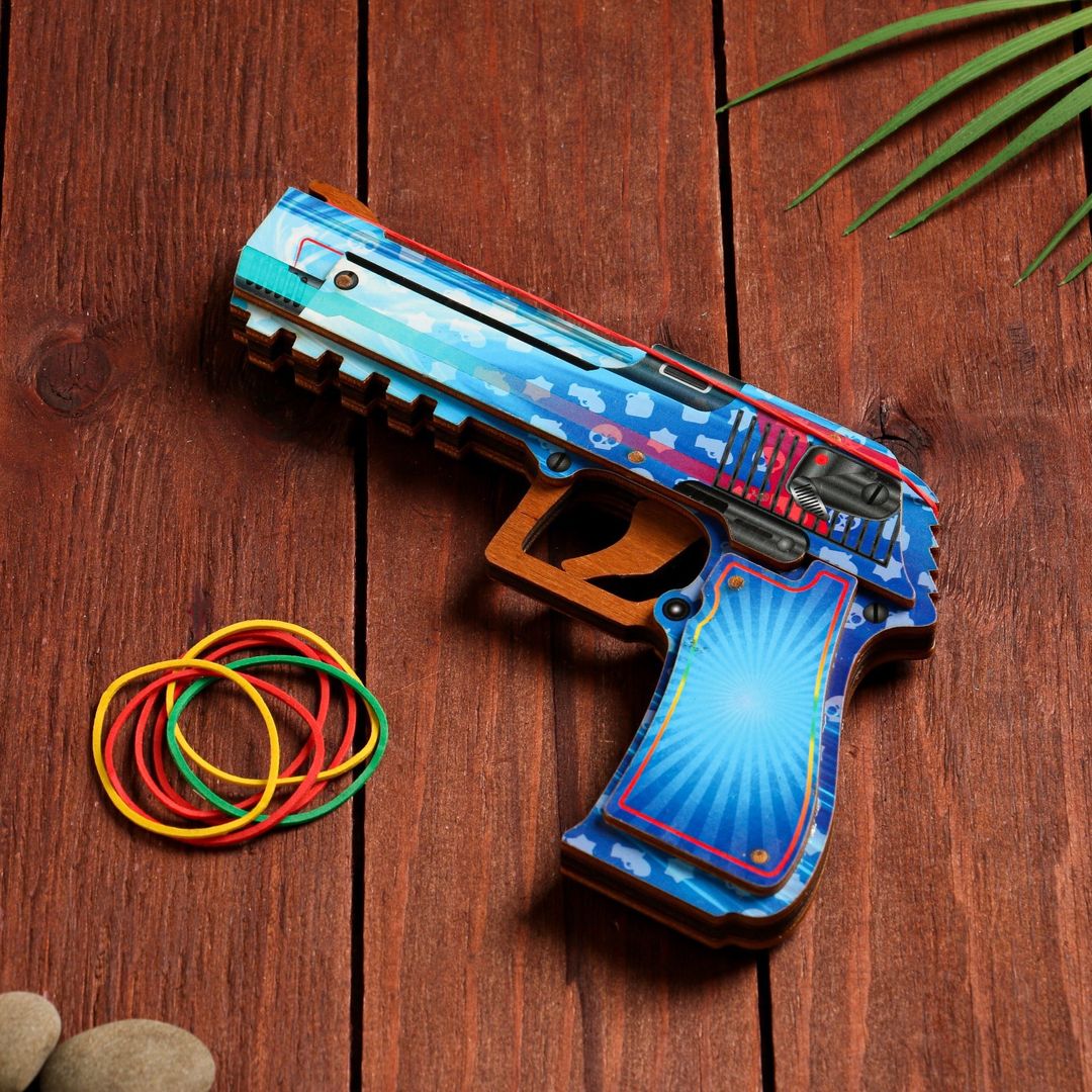 Деревянный Пистолет, стреляющий резинками (Голубой) - фото