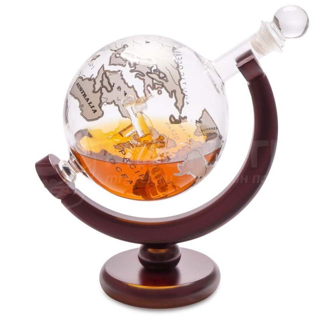 Декантер для виски на деревянной подставке Globe (0.8 л) - фото