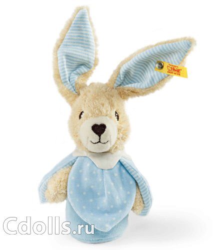 Мягкая игрушка Steiff Hoppel Rabbit Grip Toy With Rustling Foil Blue (Штайф Погремушка Кролик Хоппель голубой 15 см) - фото