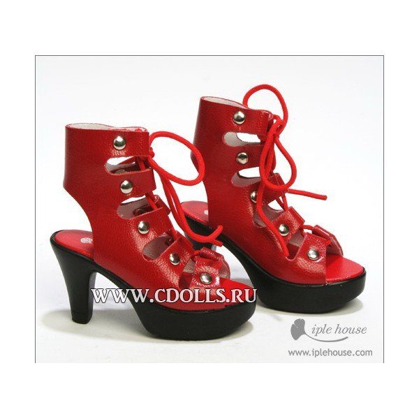 Iplehouse shoes (Высокие сандалии на шнуровке цвет красный для кукол Иплхаус 70 см) - фото