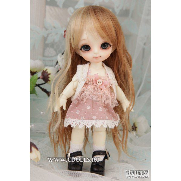 Luts Wig TDW-08-Heat Resistant Fiber (Длинный двухцветный парик с челкой: цвет блонд и коричнево-рыжий размер 14-16 см для кукол БЖД Латс) - фото
