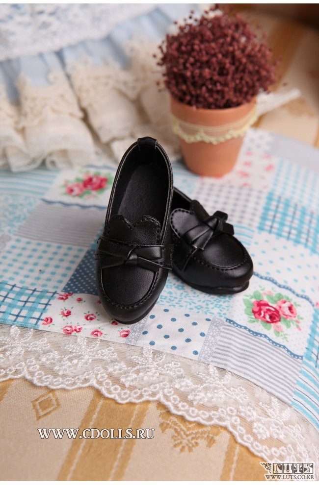 Luts shoes KDS-54 (Мокасины с бантиком цвет черный для кукол БЖД Латс 43 см) - фото