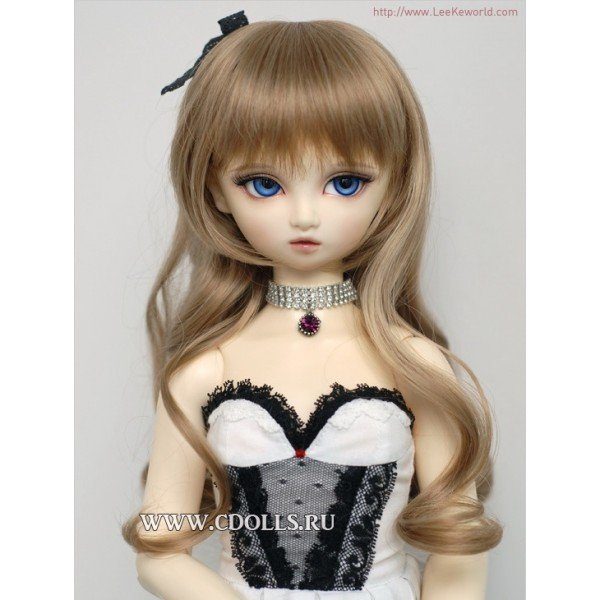 DollGa Wig W098_D (Длинный парик с ленточкой шоколадно-коричневый размер 6-6,5 дюймов для кукол ДоллГа) - фото