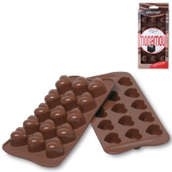 Форма для приготовления льда и шоколада, Silikomart Easy Choc сердечки 15 ячеек, 25 x 17,5 см, тёмно-коричневая (шоколадный) - фото