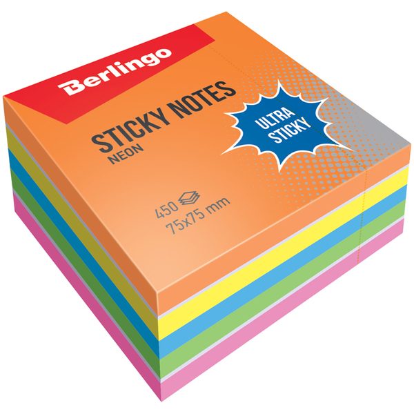 Самоклеящийся блок Berlingo Ultra Sticky, 75*75мм, 450л, 5 неоновых цветов + 1 белый - фото