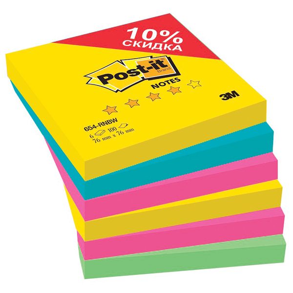 Самоклеящийся блок Post-it Радуга Плюс, 76*76мм, 4 цвета, 6 блоков*100л - фото