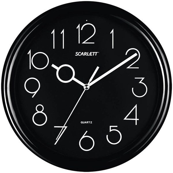 Часы настенные ход шаговый, Scarlett SC-09B, круглые, 25,5*25,5*4,6, черная рамка - фото