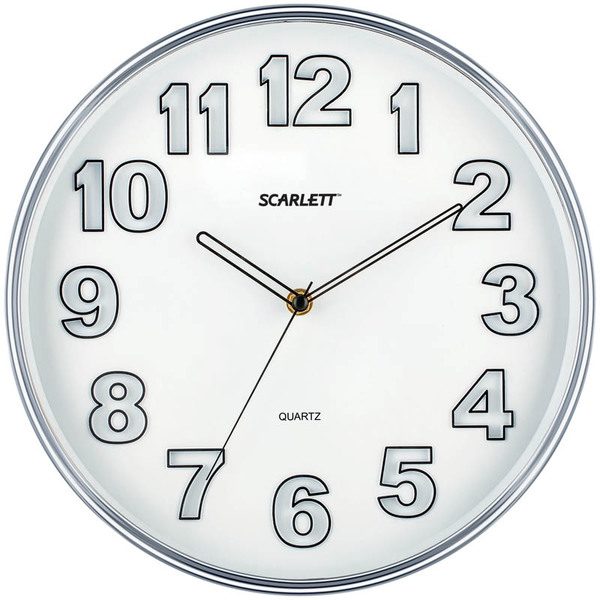 Часы настенные ход плавный, Scarlett SC-55K, круглые, 30,5*30,5*4,6, серебристая рамка - фото