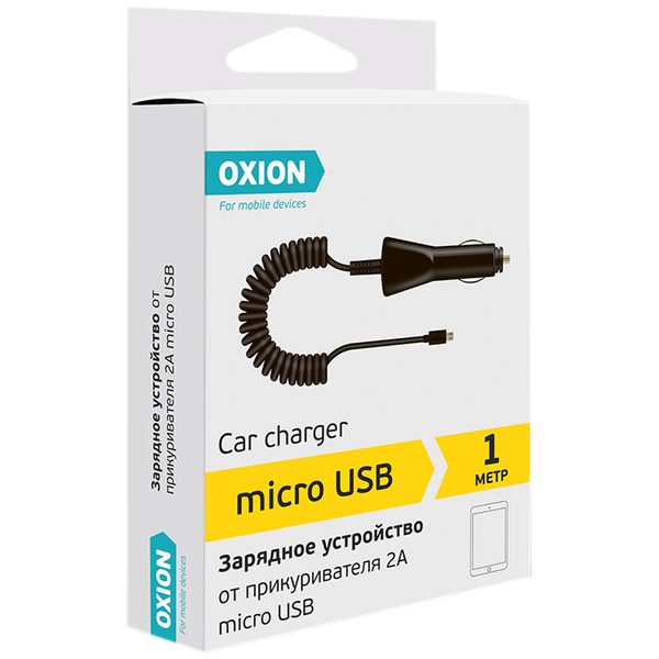 Зарядное устройство автомобильное Oxion AC105, micro USB, 2А output, 1м, витой кабель, черный - фото