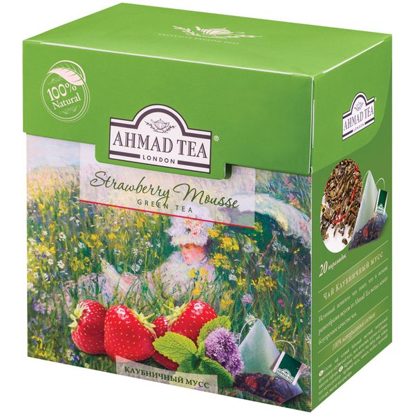 Чай Ahmad Tea Клубничный мусс, зеленый, 20 пакетиков-пирамидок по 1,8г - фото