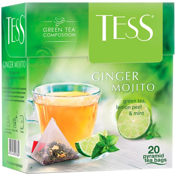 Чай Tess Ginger Mojito, зеленый, цитрус, имбирь, мята, 20 пакетиков-пирмидок по 1,8г - фото