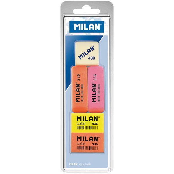 Набор ластиков Milan 236, Color 936 и 430, 5шт., скошенный/прямоугольный, блистер - фото