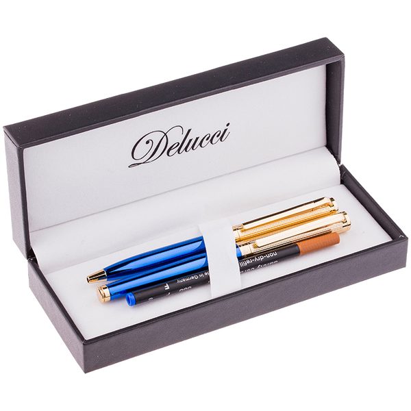 Набор Delucci Azzurro: ручка шарик., 1мм и ручка-роллер, 0,6мм, синие, корпус син/зол., подар.уп. - фото