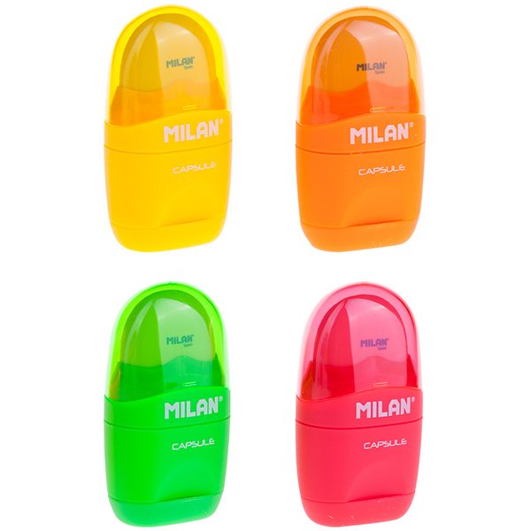 Точилка пластиковая с ластиком Milan Capsule Fluo, 1 отверстие, контейнер, ассорти - фото