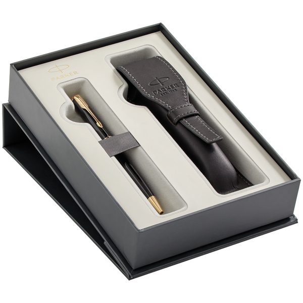 Набор Parker: ручка шариковая Sonnet Black Lacquer GT, 1,0мм и чехол из натуральной кожи, подар - фото