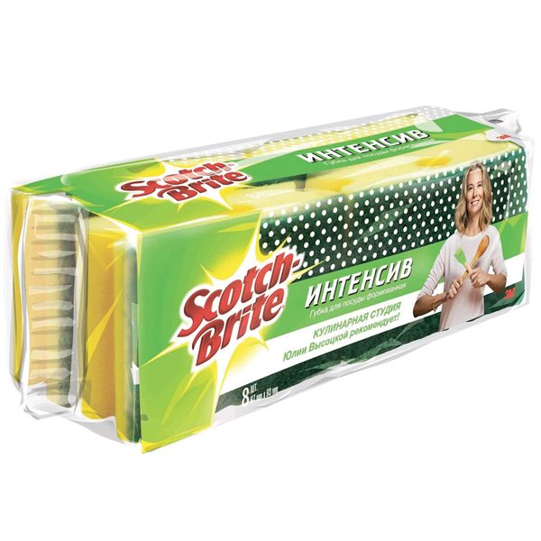 Губки для посуды Scotch-Brite Интенсив, поролон с абразивным слоем, 6,7*9,3см, 8шт. - фото