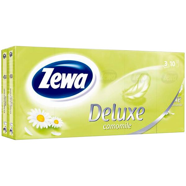 Платки бумажные носовые Zewa Deluxe 3-х слойные, 19*21см, белые, аромат ромашки, 10 пачек по 10шт. - фото