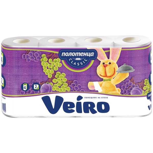 Полотенца бумажные в рулонах Veiro Classic, 2-х слойн., 12,5м/рул, тиснение, белые, 4шт. - фото
