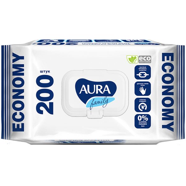 Салфетки влажные Aura Family, 200шт., для всей семьи, клапан - фото