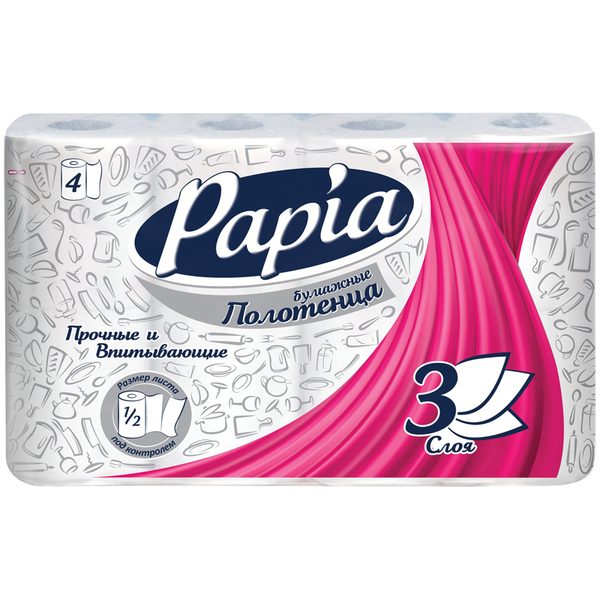 Полотенца бумажные в рулонах Papia, 3-х слойн., тиснение, белые, 1/2 листа, 4шт. - фото