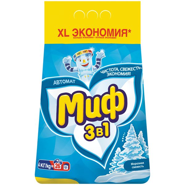 Стиральный порошок для машинной стирки Миф 3в1 Морозная свежесть, 4кг - фото