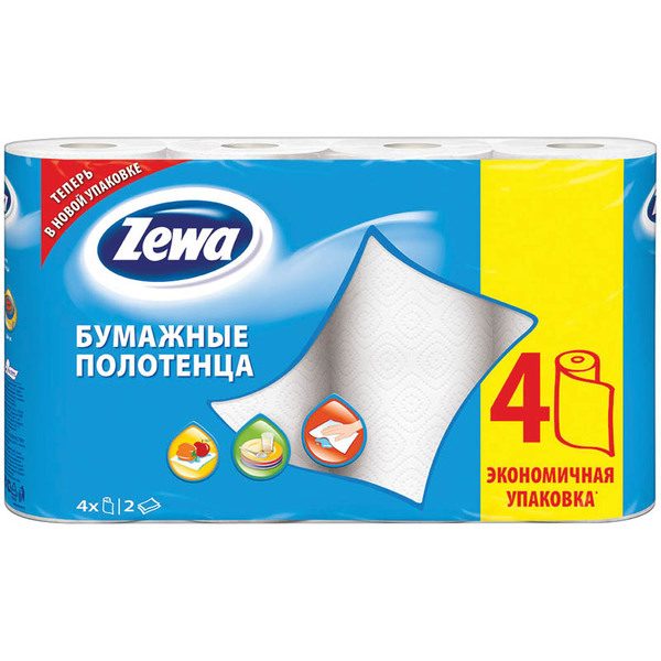 Полотенца бумажные в рулонах Zewa, 2-х слойн., 14м/рул, тиснение, белые, 4шт. - фото