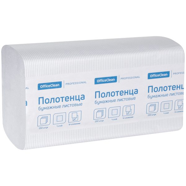 Полотенца бумажные лист. OfficeClean Professional(V-сл) 1 слойн., 250л/пач, 21*21,6,тиснение,белые - фото