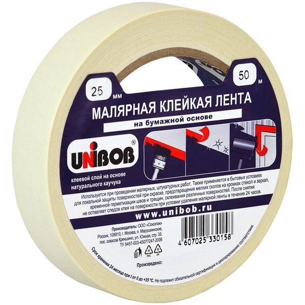 Клейкая лента малярная Unibob, 25мм*50м, инд.упаковка - фото