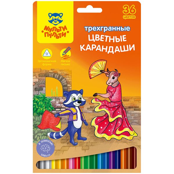Карандаши Мульти-Пульти Енот в Испании, 36цв., трехгран., заточен., картон, европодвес - фото