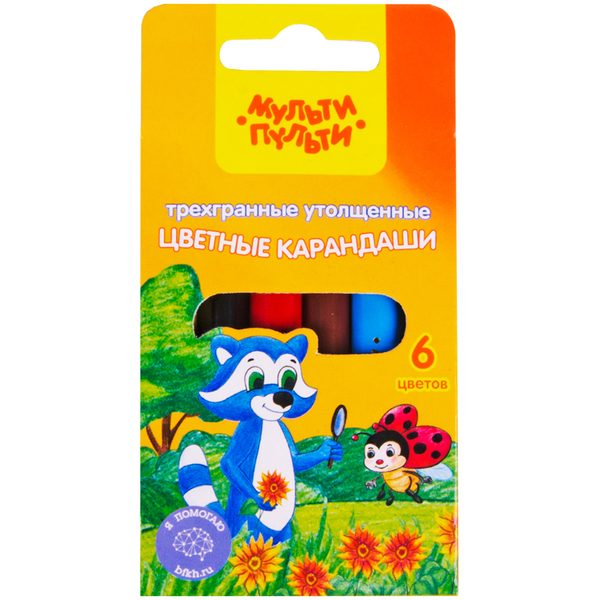 Карандаши Мульти-Пульти Енот на лугу, 06цв., утолщенные, трехгран., укорочен., заточен., картон - фото