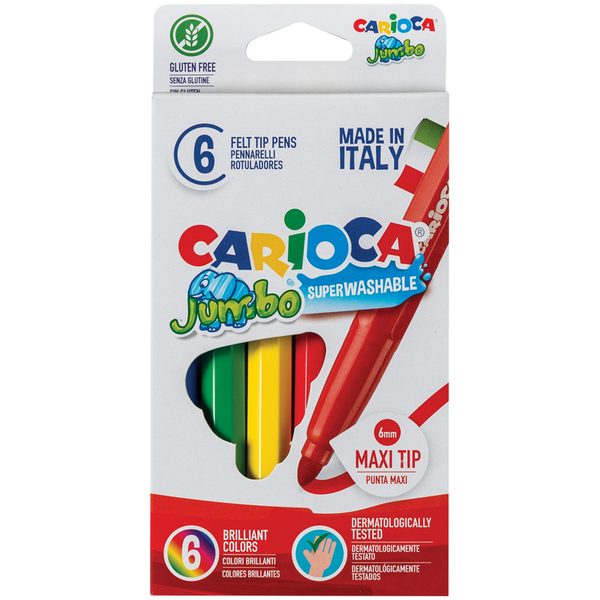 Фломастеры Carioca Jumbo, 6цв., утолщенные, смываемые, картон, европодвес - фото