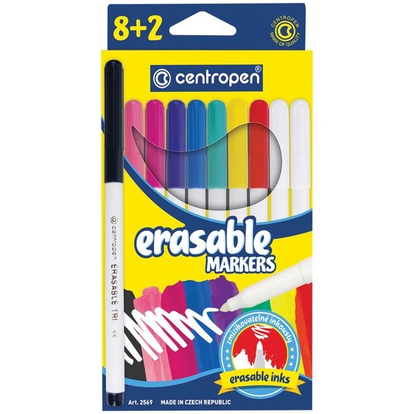 Фломастеры стираемые Centropen Erasable, 8цв.+2 стирателя, 10шт., смываемые, картон, европодвес - фото