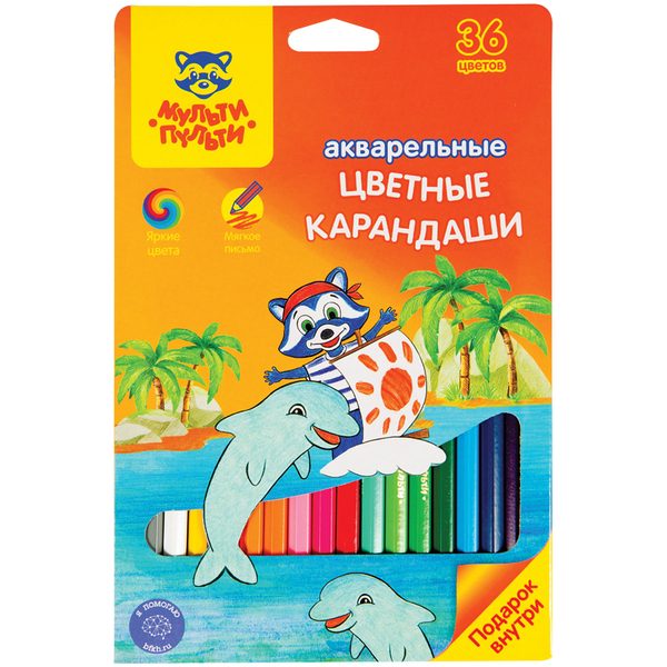 Карандаши акварельные Мульти-Пульти Енот в Карибском море, 36цв., заточен., картон, европодвес - фото