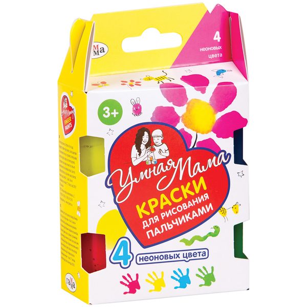 Краски пальчиковые Гамма Умная Мама, 04 цвета, 40мл, неоновые, картон - фото