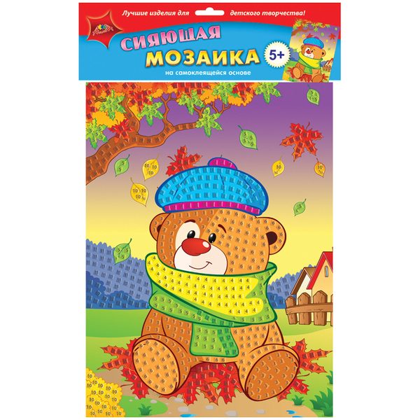 Мозаика сияющая на самоклеящейся основе Апплика Мишка, А3, из мягкого пластика - фото