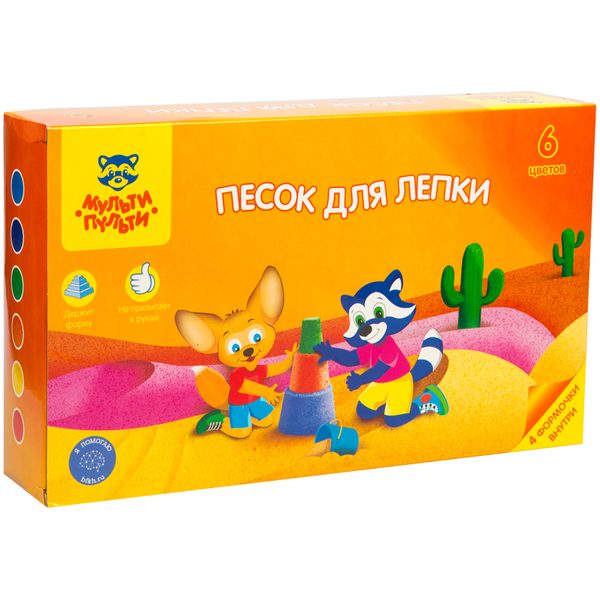 Песок для лепки Мульти-Пульти Енот в пустыне, 06 цветов, 720г, в баночке, 4 формочки, карт.уп. - фото