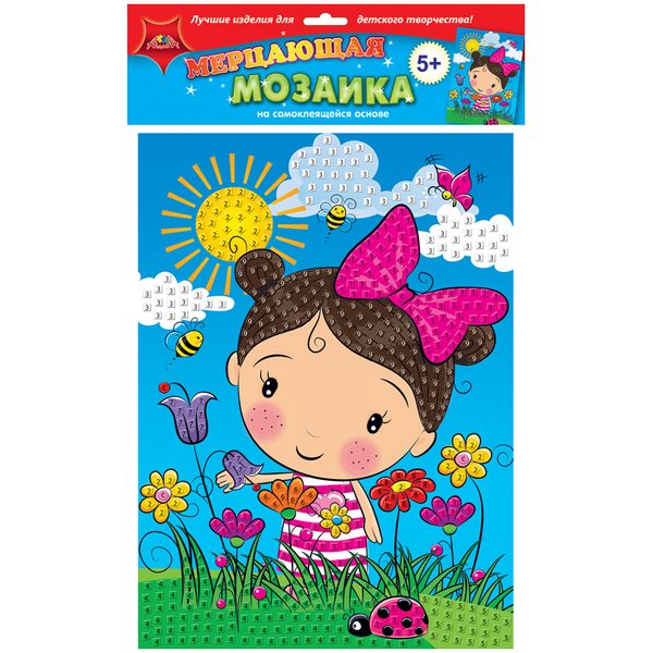 Мозаика мерцающая на самоклеящейся основе Апплика Девочка на лугу , А3, из мягкого пластика - фото
