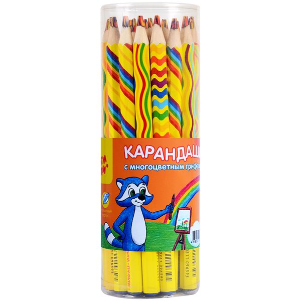 Карандаш Мульти-Пульти Енот и радуга с многоцветным грифелем, утолщенный, заточен. - фото