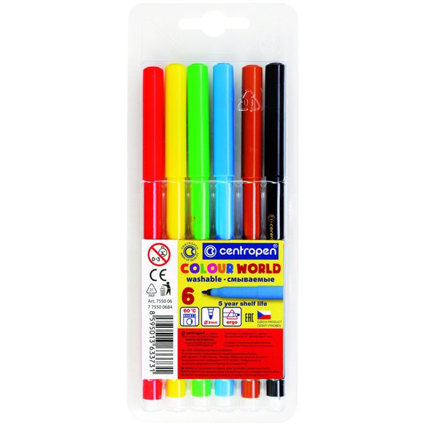 Фломастеры Centropen Colour World, 06цв., трехгранные, смываемые, блистер - фото