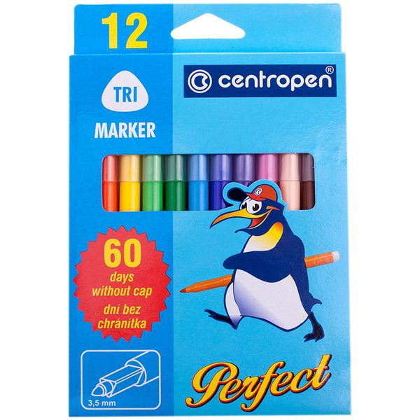 Фломастеры Centropen Perfect, 12цв., трехгранные, смываемые, картон, европодвес - фото