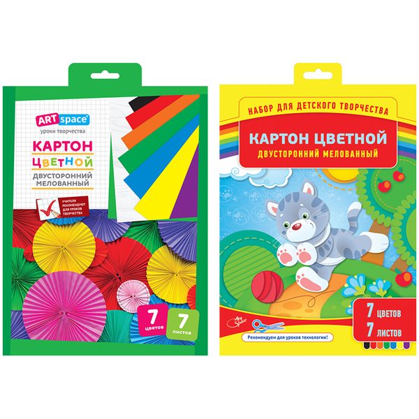 Картон цветной двусторонний A4, ArtSpace, 7л., 7цв., мелованный, в папке с европодвесом - фото