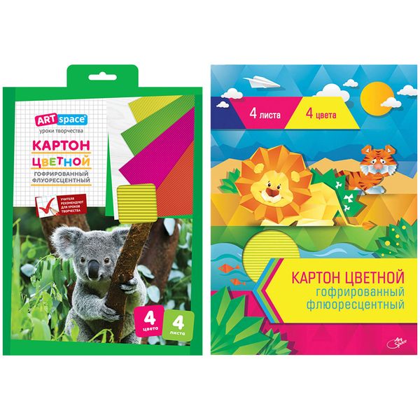 Картон цветной гофрированный A4, ArtSpace, 4л., 4цв., флуоресцентный, в папке с европодвесом - фото