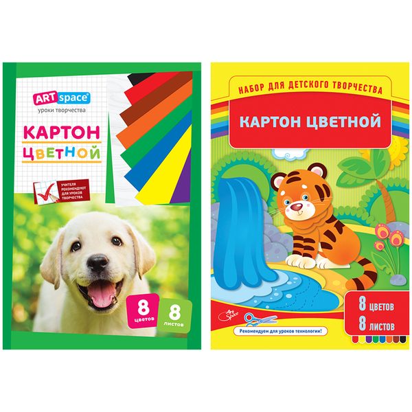 Картон цветной A4, ArtSpace, 8л., 8цв., мелованный, в папке - фото