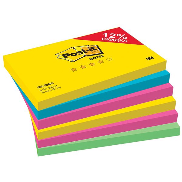 Самоклеящийся блок Post-it Радуга Плюс, 76*127мм, 4 цвета, 6 блоков*100л - фото